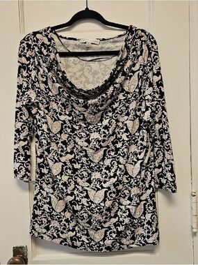 Larry Levine Black and White Cowl Neck 3/4 Sleeve Top XL